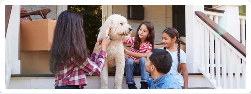 Moving family and their pet on front porch